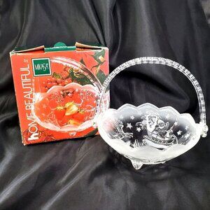 VTG Mikasa Christmas Santas Flight Glass Handled Basket Collectible Holiday Deco